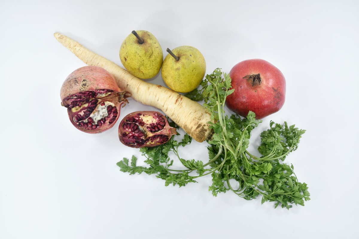 cross section, fruit, parsley, pear, pomegranate, seed, vegetable, food, still life, meal