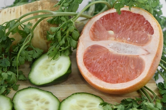 agurk, garnityr, grapefrukt, grønne blader, persille, salat, vitamin, diett, sunn, frisk