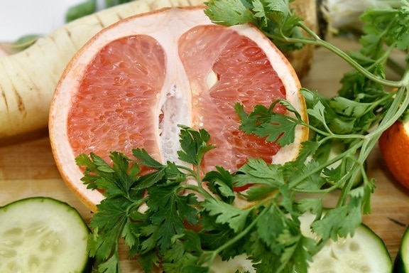 garnituur, grapefruit, peterselie, wortel, kruid, vegan, plantaardige, lunch, maaltijd, gezondheid