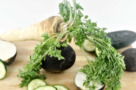 cucumber, green leaves, parsley, radish, root, food, vegetables, produce, vegetable, herb
