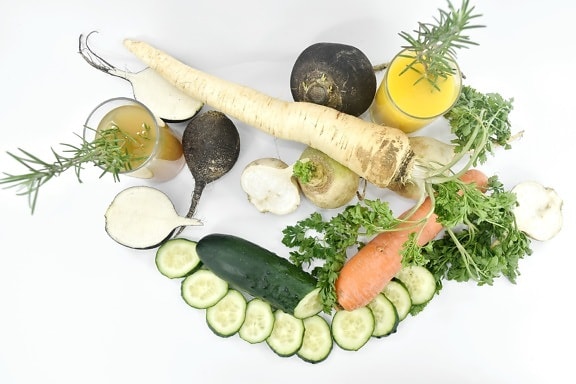 gulrot, agurk, saft, ernæring, persille, reddik, måltid, lunsj, salat, grønnsaker