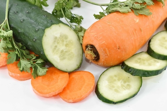agriculture, carrot, cucumber, culinary, green leaves, healthy, lunch, parsley, vegetables, vegetarian
