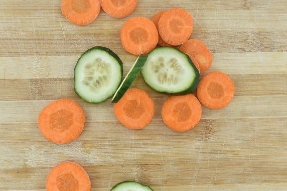 carrot, cucumber, culinary, kitchen table, slices, health, wood, fruit, board, wooden