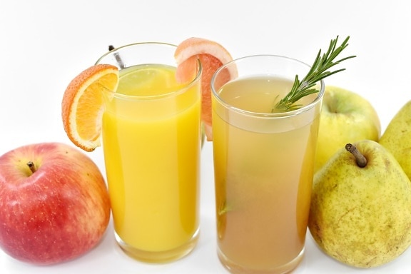 apples, citrus, fruit, fruit cocktail, fruit juice, lemonade, pears, juice, beverage, glass