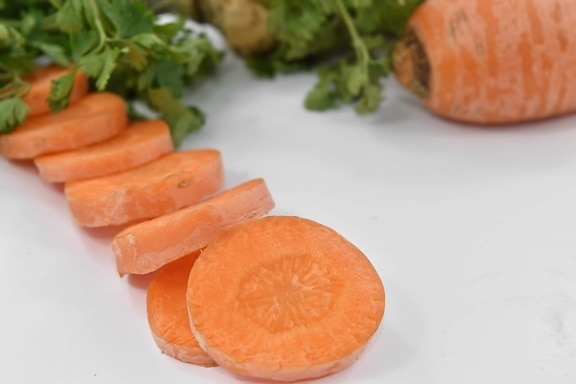 tranches de, jus de carotte, en bonne santé, alimentaire, racine, santé, ingrédients, nutrition, légume, feuille