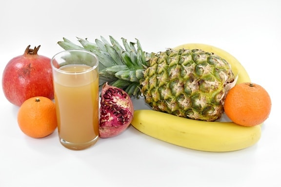 banana, breakfast, fruit cocktail, juice, pomegranate, syrup, tropical, fruit, vegetable, diet