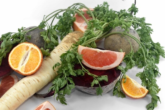 beetroot, grapefruit, orange peel, parsley, radish, tangerine, lunch, food, vegetable, meal
