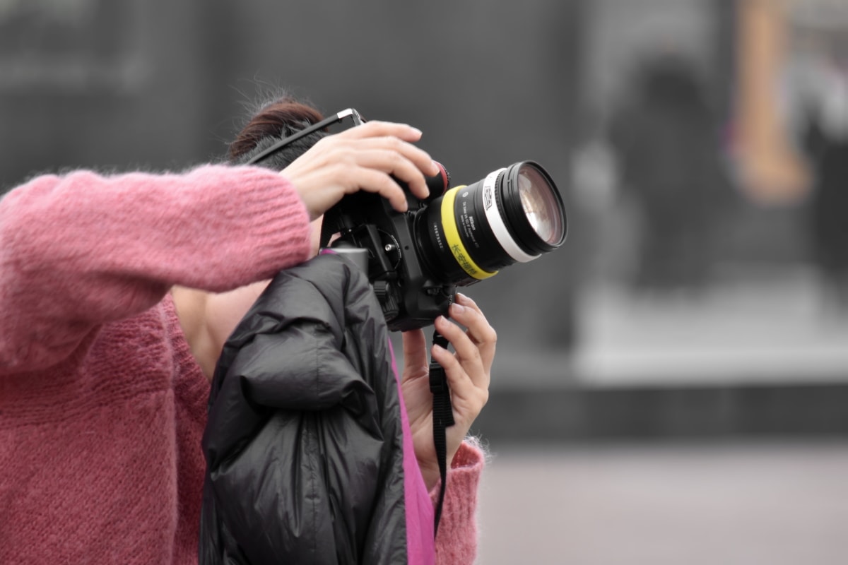 lens, photographer, professional, snapshot, sweater, woman, zoom, camera, equipment, portrait