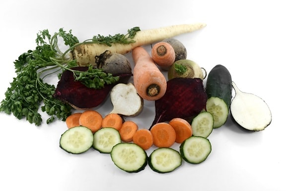 betterave rouge, jus de carotte, concombre, persil, radis, salade, tranches de, navet, régime alimentaire, alimentaire