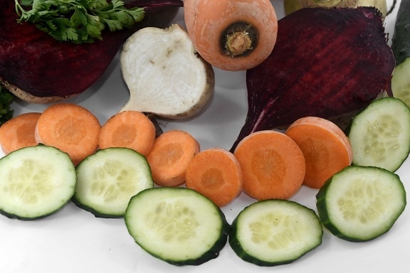 landbouw, antioxidant, rode biet, wortel, komkommer, voedsel, vers, peterselie, segmenten, raap