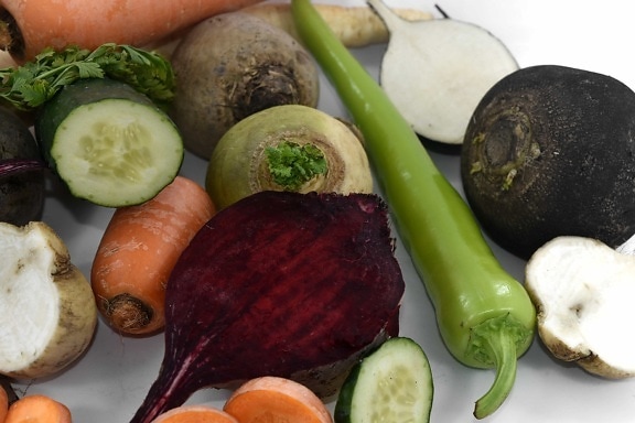 Rote Beete, Karotte, Kochen, frisch, Kohlrabi, Peperoni, Rettich, Wurzeln, Gemüse, Vitamine