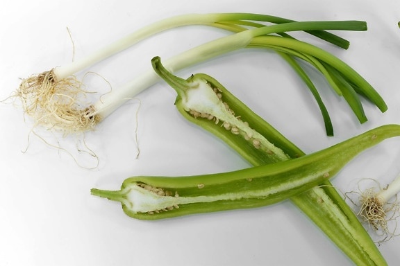cross section, leek, onion, pepper, salad, seed, yellow leaves, food, vegetable, produce