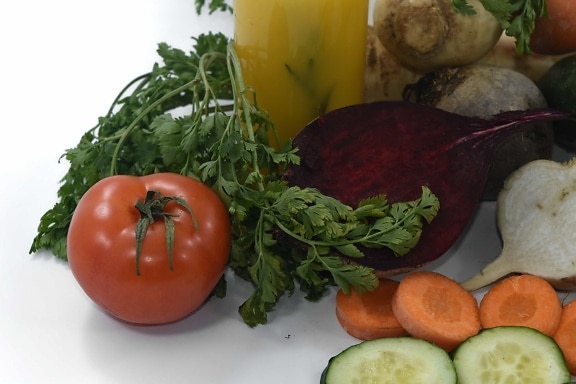 beetroot, breakfast, carrot, fruit juice, organic, parsley, tomato, vegetables, ingredients, vegetable
