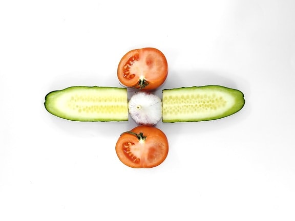 cucumber, garlic, half, slices, tomatoes, healthy, fruit, diet, vegetable, food