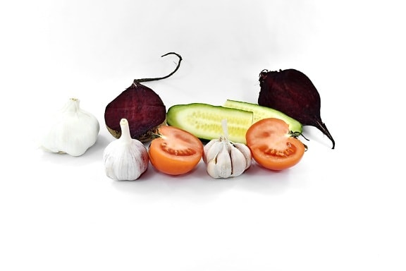 rødbeder, tværsnit, agurk, hvidløg, skiver, tomater, grøntsager, mad, tomat, vegetabilsk