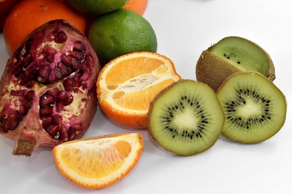 key lime, kiwi, mandarin, pomegranate, slices, fresh, citrus, vitamin, food, diet