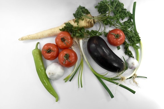chives, eggplant, garlic, leek, parsley, spice, tomatoes, meal, vegetables, food