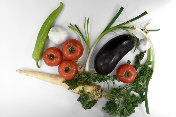 eggplant, garlic, leek, onion, parsley, pepperoni, tomato, diet, meal, vegetables