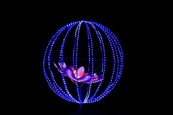 art, blue, flower, illuminated, light, night, round, shape, spectacular, wires
