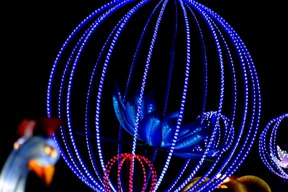 arte, azul, flor, feito à mão, iluminação, luz, néon, rodada, escultura, esfera