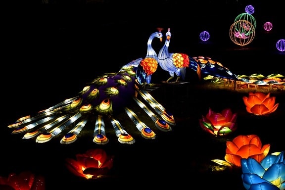 artwork, colorful, handmade, night, peacock, sculpture, spectacular, stained glass, abstract, design