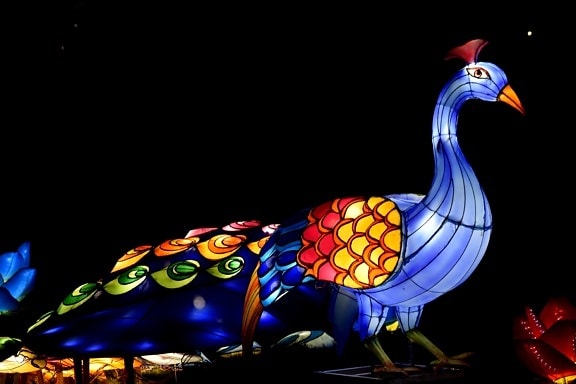 artistic, artwork, bird, colorful, elegance, handmade, nighttime, peacock, shape, spectacular