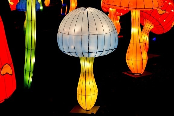 Asian, chinese, colorful, lamp, luminescence, mushrooms, abstract, art, black, bright