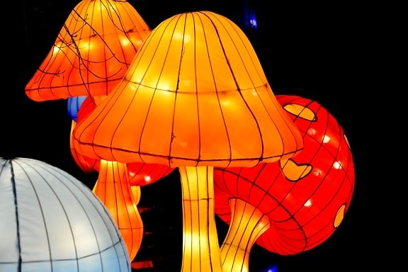 electricity, illumination, lamp, lantern, light, luminescence, mushrooms, night, art, black