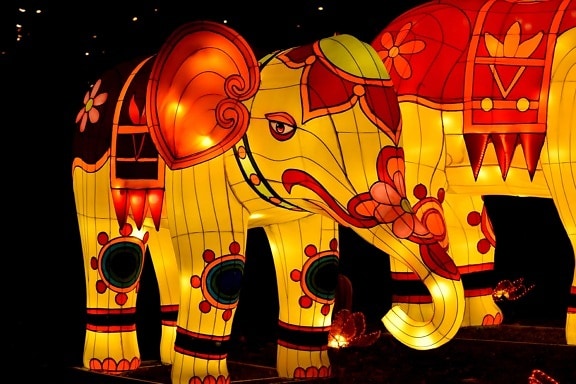 아트 워크, 밝은, 중국, 중국어, 다채로운, 코끼리, 스테인드 글라스, 재미, 예술, 벡터