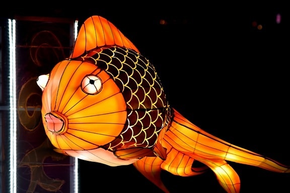 arte-final, colorido, eletricidade, peixe, peixinho dourado, feito à mão, lâmpada, vidro manchado, projeto, ilustração