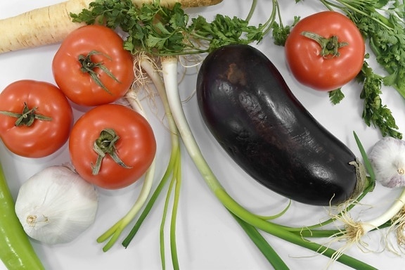 aubergine, hvitløk, organisk, produkter, krydder, velsmakende, tomater, grønnsaker, vegetabilsk, helse