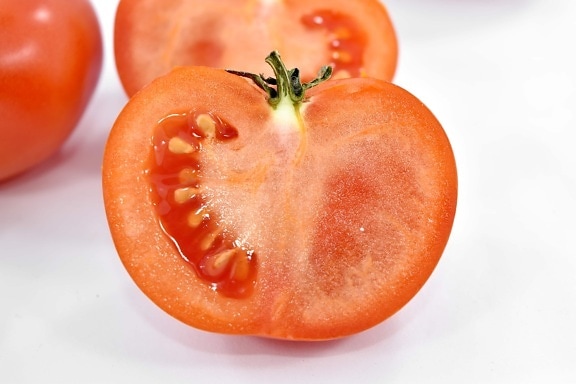 coupe transversale, frais, la moitié, rouge, semences, tomate, légume, Wet, alimentaire, vitamine