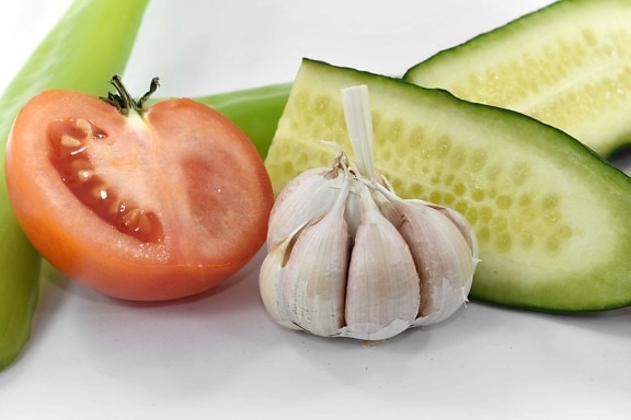 appetite, appetizer, aromatic, cucumber, delicious, garlic, slices, tomato, produce, vegetable