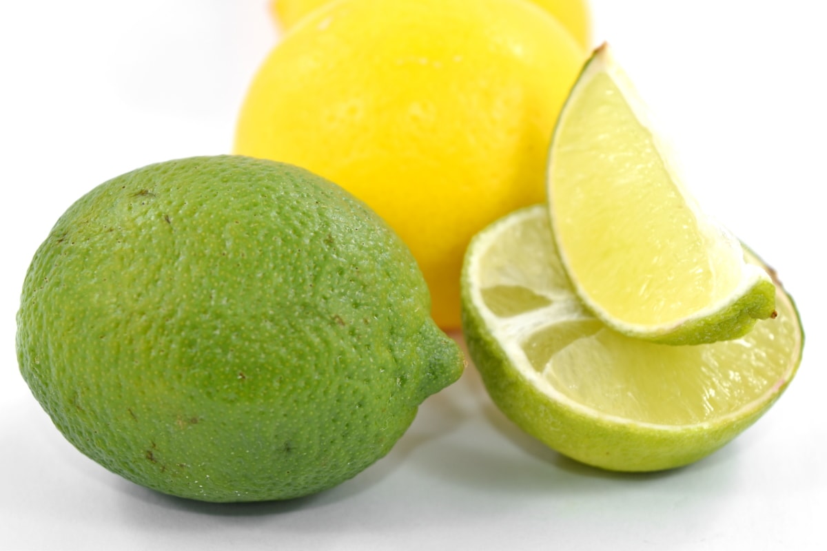 keserű, fele, kulcs lime, citrom, érett gyümölcs, szeletek, trópusi, gyümölcs, vitamin, egészségügyi