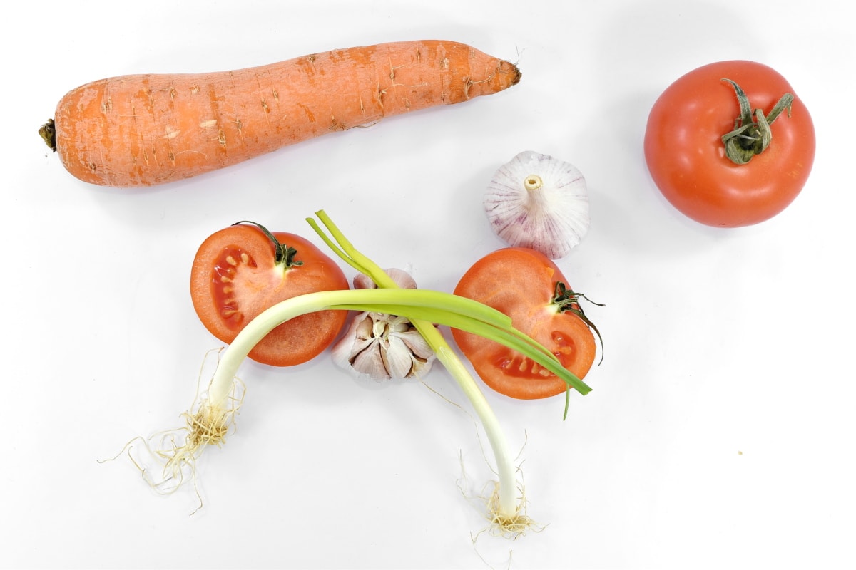 胡萝卜, 大蒜, 韭菜, 根, 西红柿, 蔬菜, 餐饮, 营养, 叶, 成分