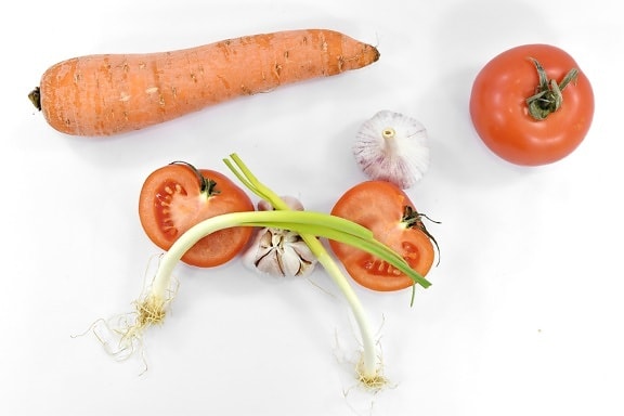 морков, чесън, праз лук, корен, домати, зеленчуци, храна, хранене, листа, съставки