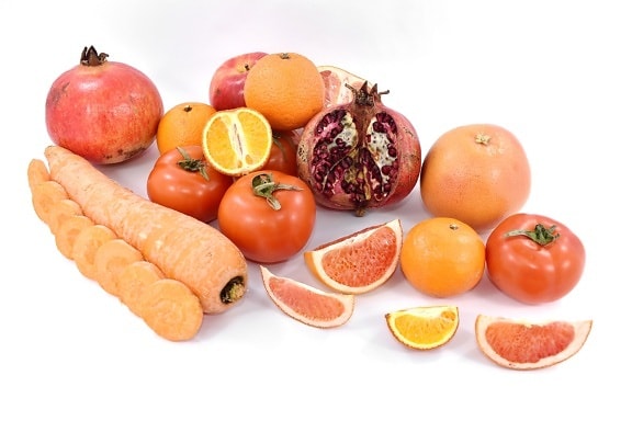 carrot, fruit, grapefruit, mandarin, orange yellow, oranges, pomegranate, red, tomatoes, vegetables