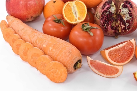 antioxidáns, sárgarépa, friss, grapefruit, narancs-sárga, piros, szeletek, paradicsom, vegán, diéta