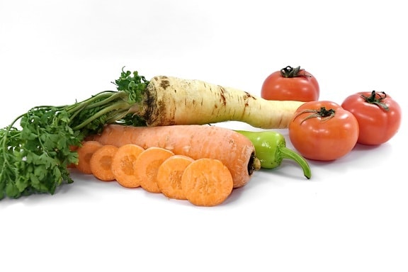 mezőgazdaság, sárgarépa, Chili, friss, petrezselyem, termékek, gyökér, szeletek, paradicsom, zöldség