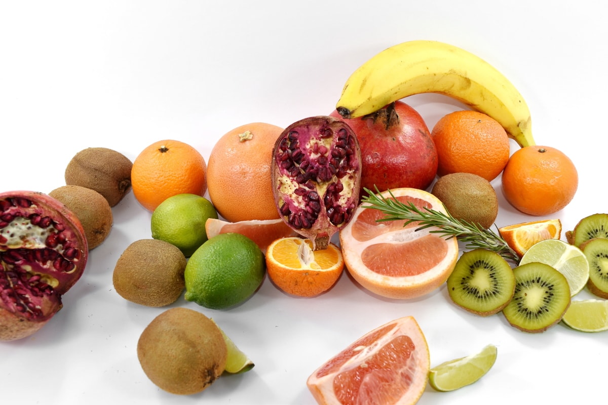 antioksidan, asam askorbat, pisang, bahan makanan, buah yang matang, tropis, vitamin C, jeruk nipis, diet, jeruk