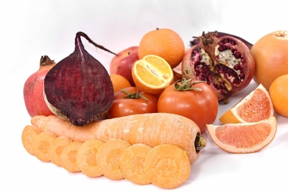 apple, beetroot, carrot, oranges, pomegranate, red, tomatoes, vitamin C, citrus, fruit