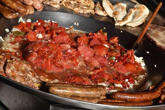 delicious, meat, restaurant, sausage, tomato paste, lunch, meal, food, cooking, pork