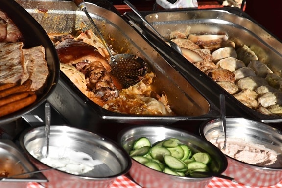 meat, pork loin, sausage, meal, pan, food, dinner, cooking, vegetable, dish