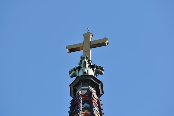 blue sky, church tower, colorful, cross, high, top, device, stabilizer, architecture, outdoors