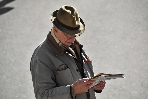 eyeglasses, grandfather, hat, newspaper, pensioner, reading, senior, man, uniform, people