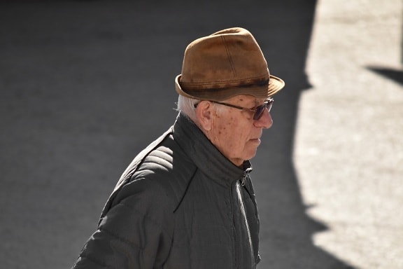 grandfather, hat, jacket, pensioner, profile, sunglasses, urban area, person, man, street