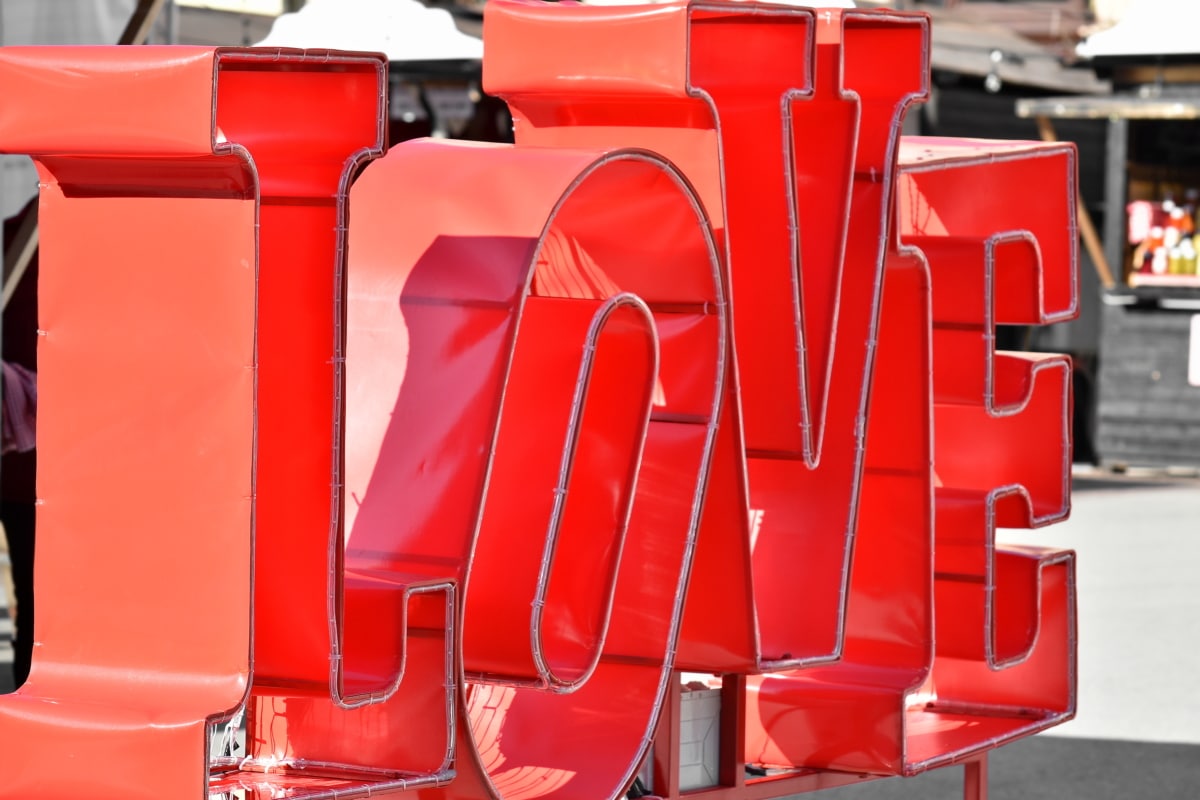 Cinta, pesan, romantis, patung, teks, Hari Valentine, perangkat, plastik, di luar rumah, baja