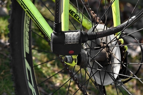 chain, lock, mountain bike, number, security, wheel, outdoors, vehicle, nature, brake