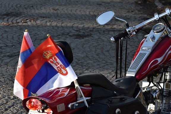 flag, mirror, motorcycle, Serbia, speedometer, steering wheel, vehicle, street, road, motorbike