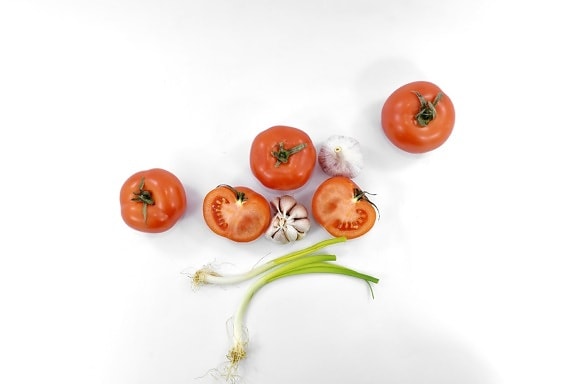 gräslök, purjolök, skivor, tomater, C vitamin, vild lök, vegetabiliska, tomat, mat, blad
